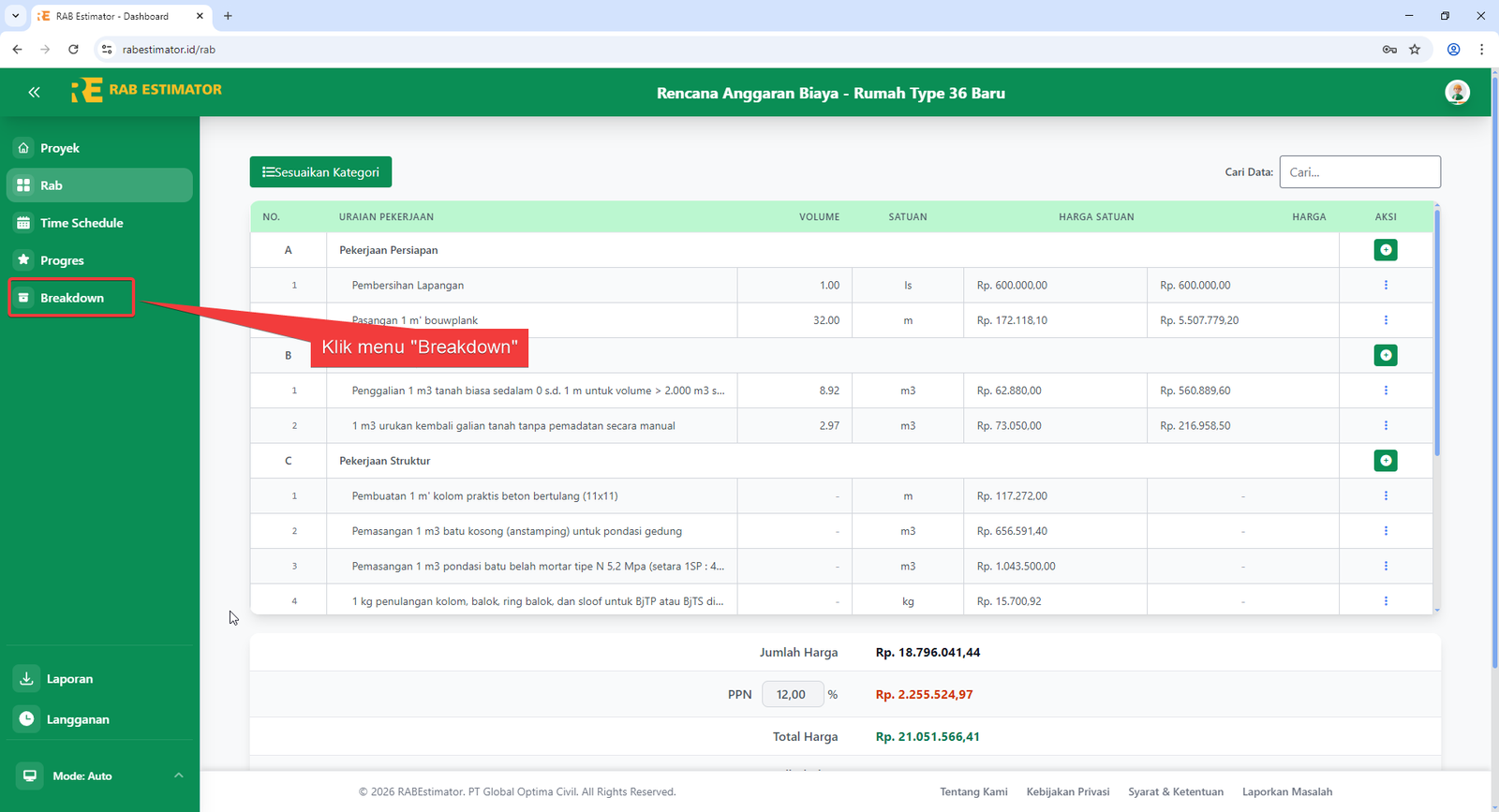 Sidebar dengan menu Breakdown di-highlight